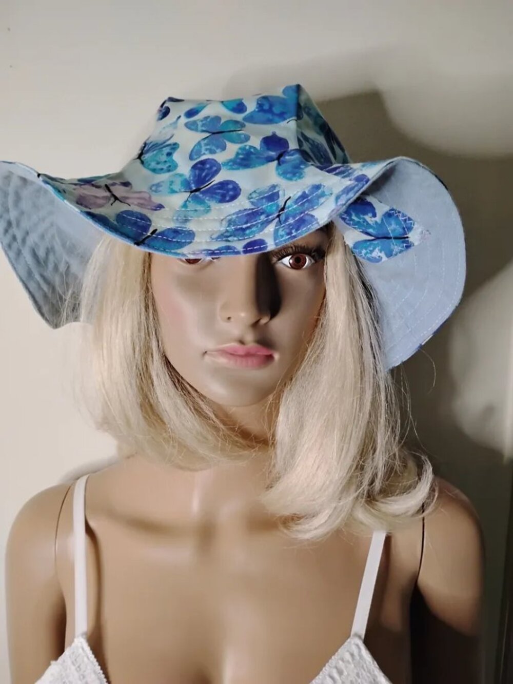 Sun Hat Blue Butterflies & Denim M- L Reversible Handmade New Boho Beach KS19.